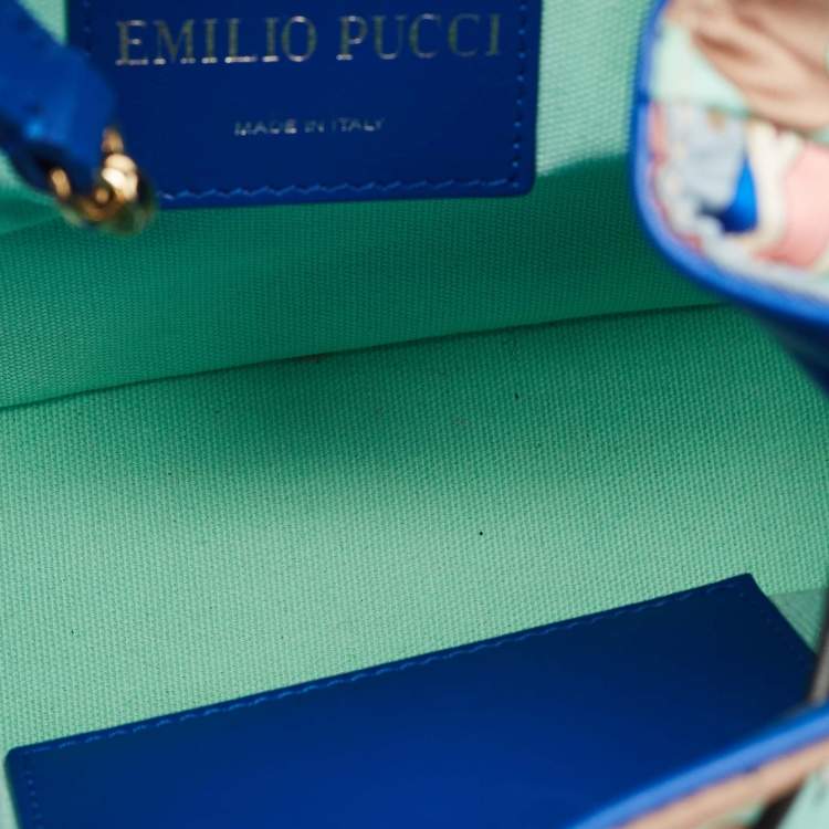 Pre Owned Emilio Pucci Bonita Multicolor Printed Satin and Woven Straw Bucket Bag