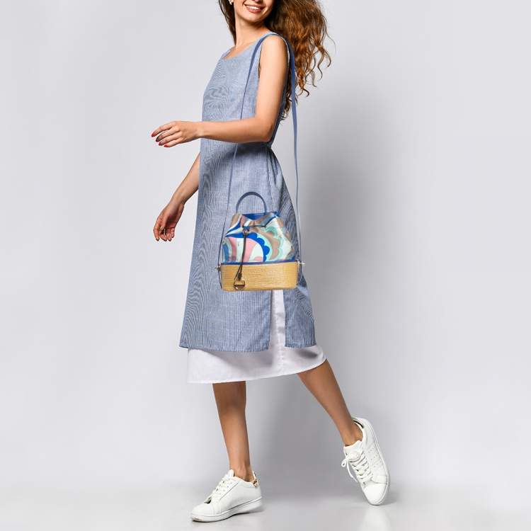 Pre Owned Emilio Pucci Bonita Multicolor Printed Satin and Woven Straw Bucket Bag