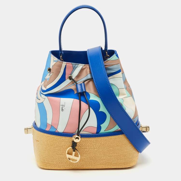 Pre Owned Emilio Pucci Bonita Multicolor Printed Satin and Woven Straw Bucket Bag
