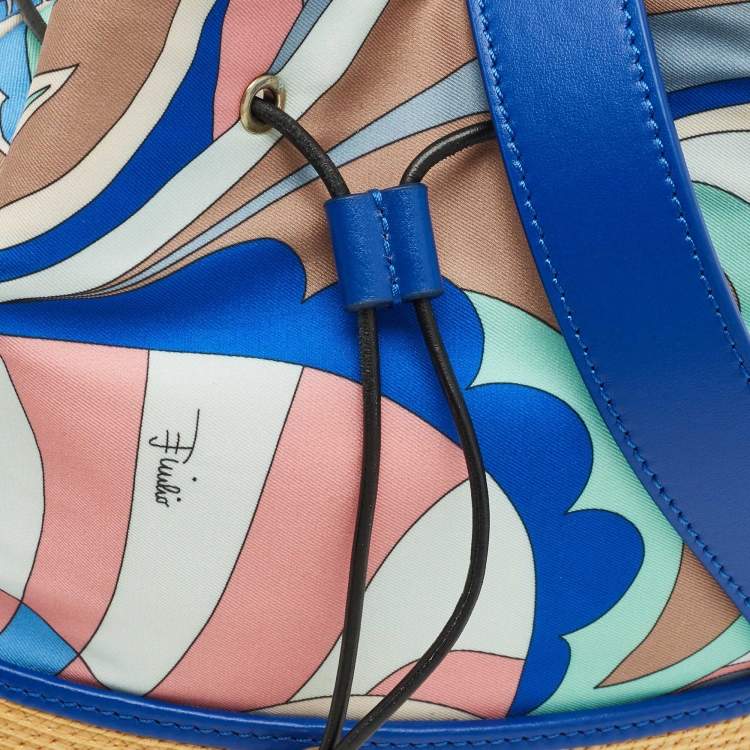 Pre Owned Emilio Pucci Bonita Multicolor Printed Satin and Woven Straw Bucket Bag