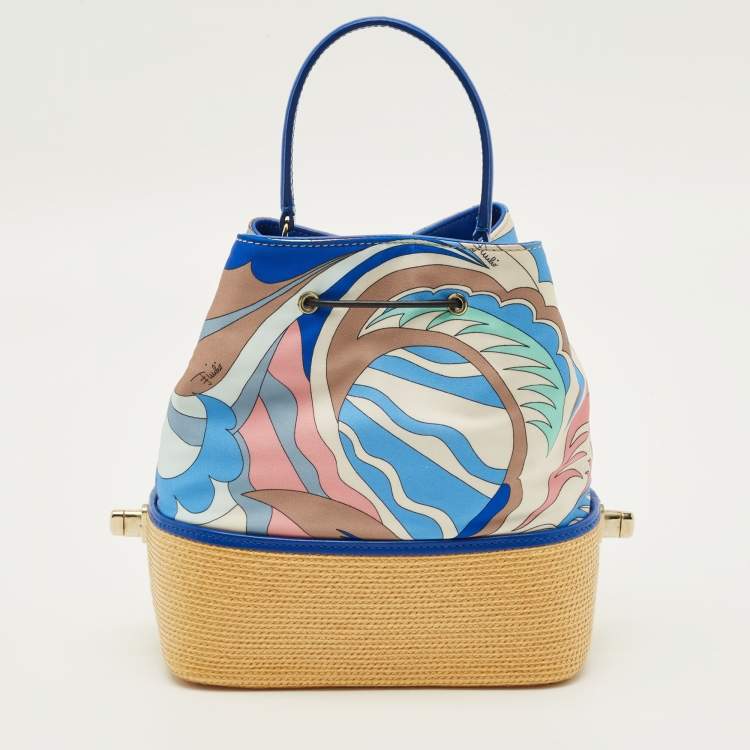 Pre Owned Emilio Pucci Bonita Multicolor Printed Satin and Woven Straw Bucket Bag