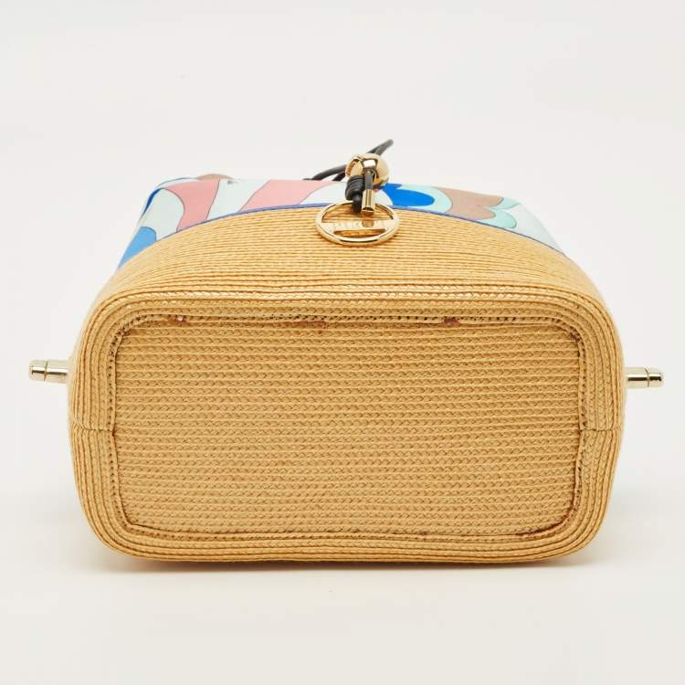 Pre Owned Emilio Pucci Bonita Multicolor Printed Satin and Woven Straw Bucket Bag