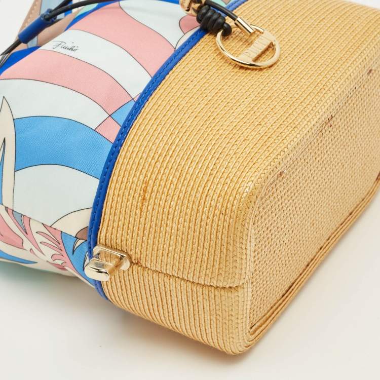 Pre Owned Emilio Pucci Bonita Multicolor Printed Satin and Woven Straw Bucket Bag