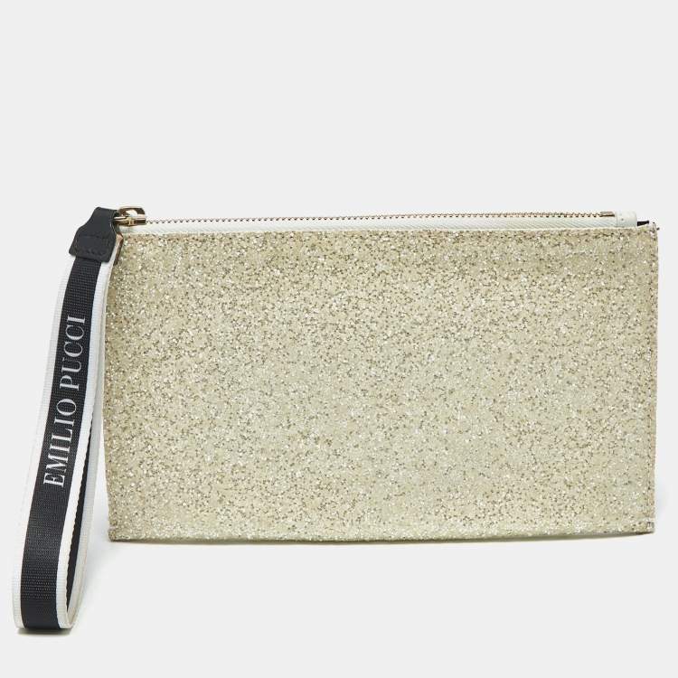 Pre Owned Emilio Pucci Off White White Glitter and Satin Wristlet Pouch