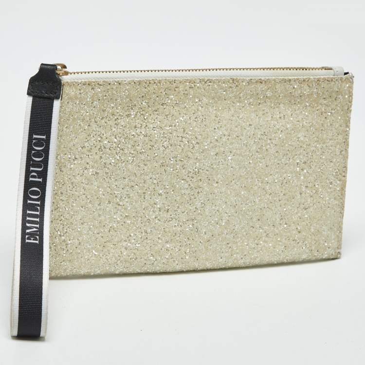 Pre Owned Emilio Pucci Off White White Glitter and Satin Wristlet Pouch