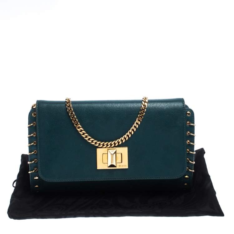 Pre Owned Emilio Pucci Turquoise Leather Chain Shoulder Bag