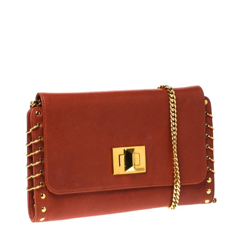 Pre Owned Emilio Pucci Copper Brown Leather Ring Accented Chain Shoulder Bag