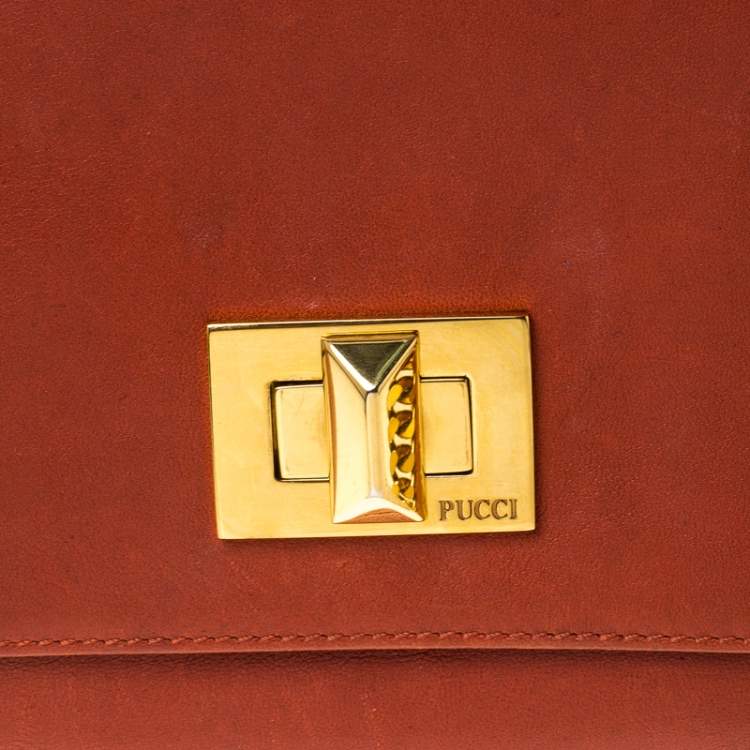 Pre Owned Emilio Pucci Copper Brown Leather Ring Accented Chain Shoulder Bag