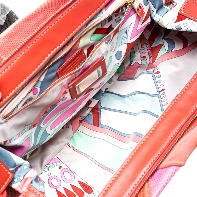 Pre Owned Emilio Pucci Orange/Pink Python/Lizard and Suede Patchwork Clutch 