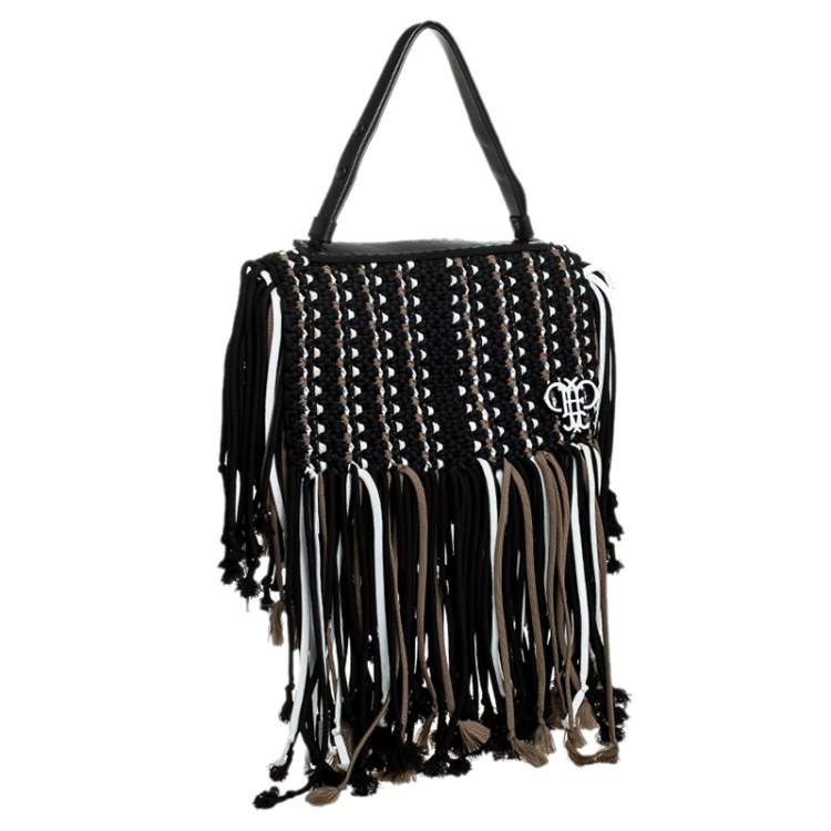 Pre Owned Emilio Pucci Black Fabric Fringe Macrame Shoulder Bag