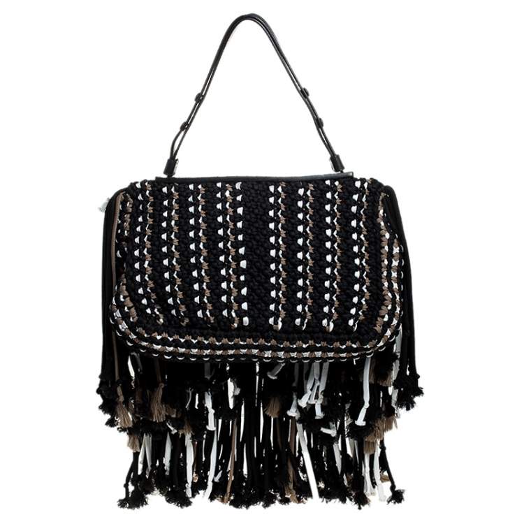 Pre Owned Emilio Pucci Black Fabric Fringe Macrame Shoulder Bag