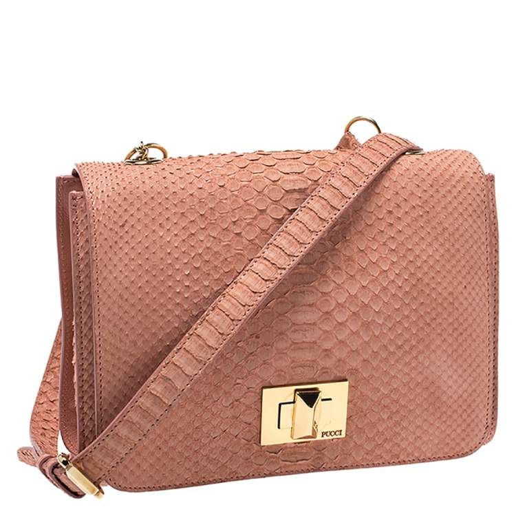 Pre Owned Emilio Pucci Coral Snakeskin Effect Leather Flap Shoulder Bag