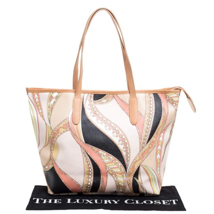 Pre Owned Emilio Pucci Peach Printed Coated Canvas and Leather Zip Tote