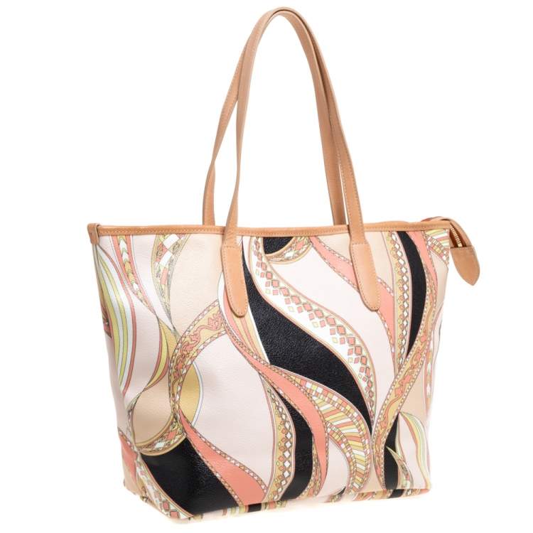Pre Owned Emilio Pucci Peach Printed Coated Canvas and Leather Zip Tote