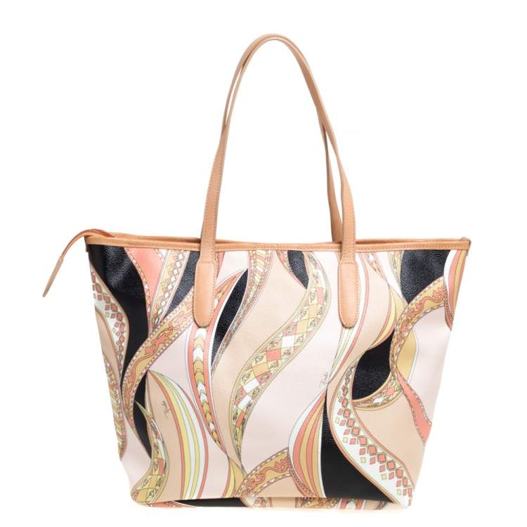 Pre Owned Emilio Pucci Peach Printed Coated Canvas and Leather Zip Tote