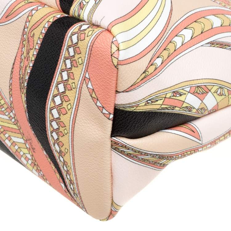 Pre Owned Emilio Pucci Peach Printed Coated Canvas and Leather Zip Tote