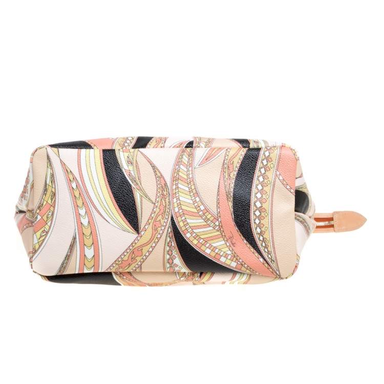 Pre Owned Emilio Pucci Peach Printed Coated Canvas and Leather Zip Tote