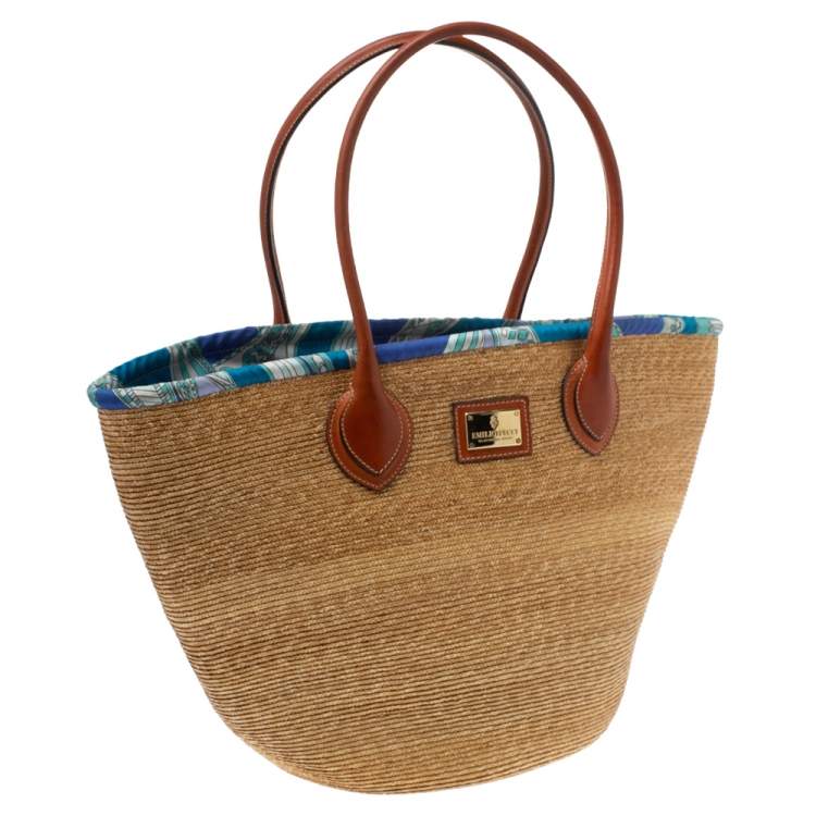 Pre Owned Emilio Pucci Beige/Brown Raffia and Leather Shopper Tote