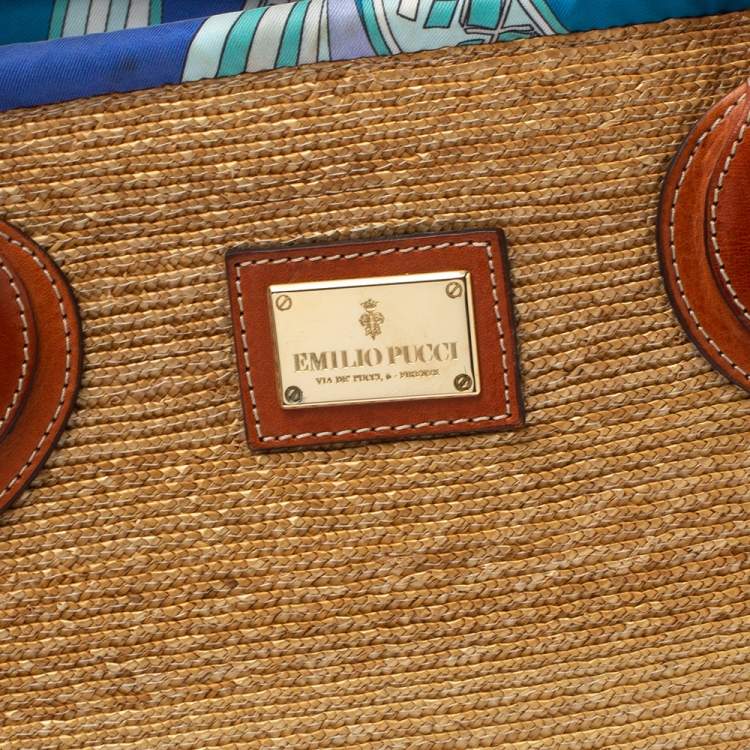 Pre Owned Emilio Pucci Beige/Brown Raffia and Leather Shopper Tote