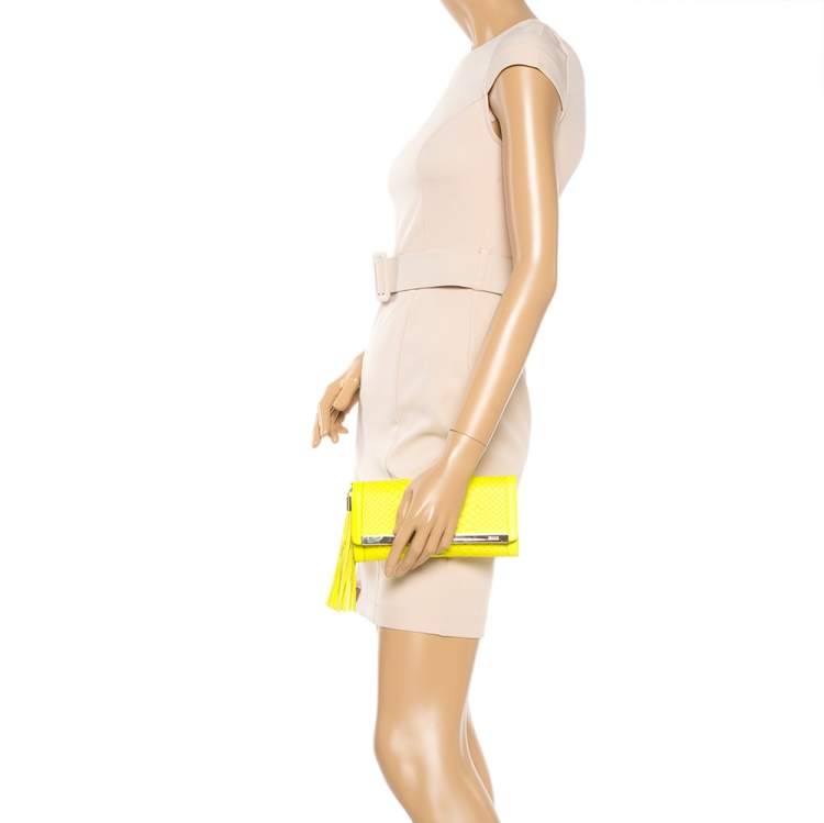 Pre Owned Emilio Pucci Neon Green Python and Leather Metal Bar Flap Clutch