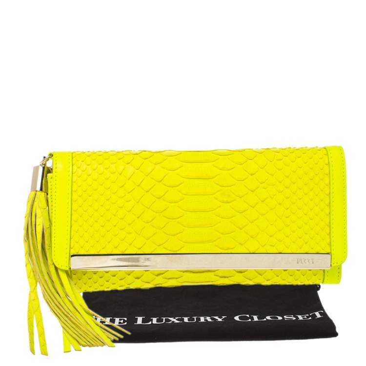 Pre Owned Emilio Pucci Neon Green Python and Leather Metal Bar Flap Clutch