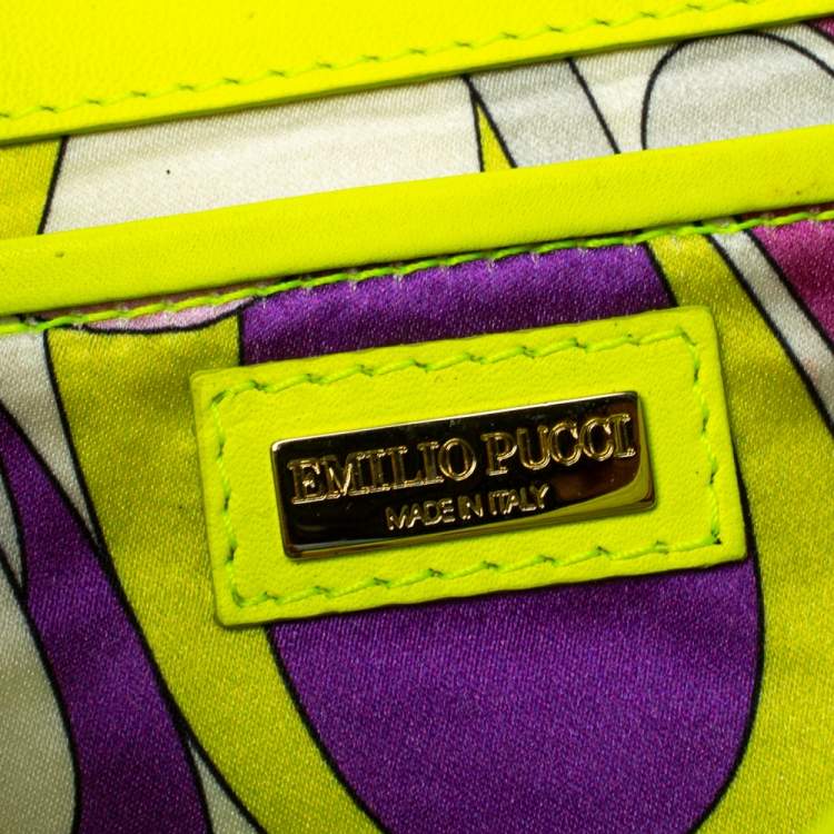 Pre Owned Emilio Pucci Neon Green Python and Leather Metal Bar Flap Clutch