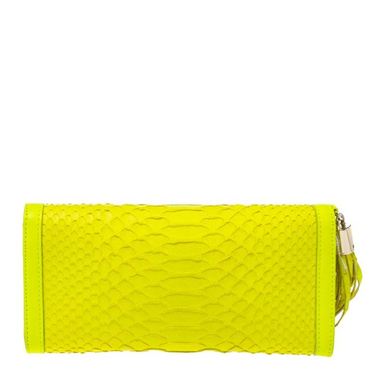 Pre Owned Emilio Pucci Neon Green Python and Leather Metal Bar Flap Clutch