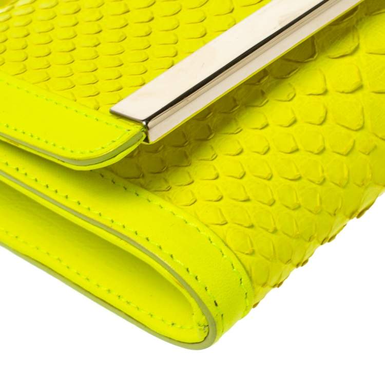 Pre Owned Emilio Pucci Neon Green Python and Leather Metal Bar Flap Clutch