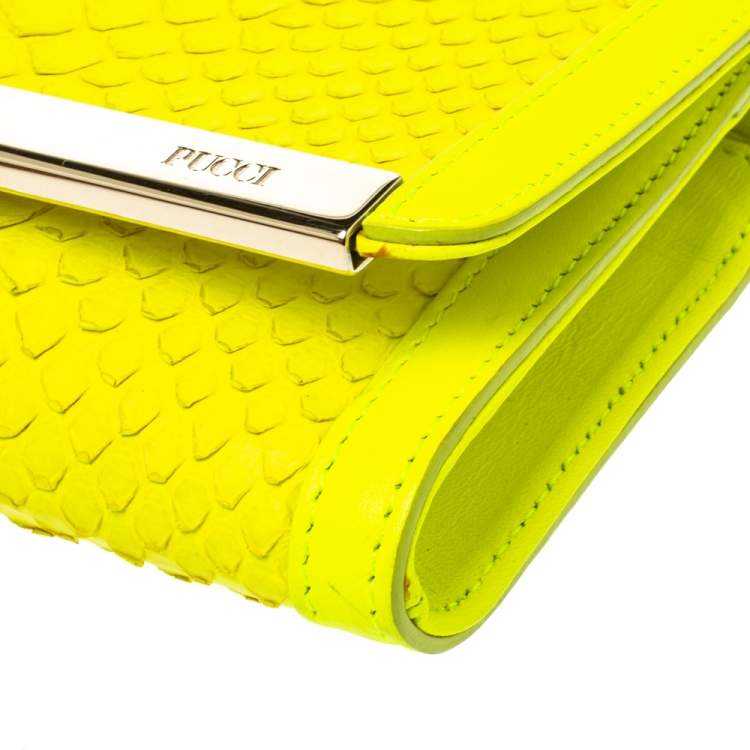Pre Owned Emilio Pucci Neon Green Python and Leather Metal Bar Flap Clutch