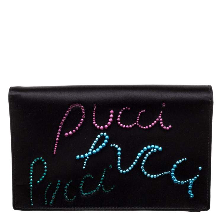 Pre Owned Emilio Pucci Black Leather Crystal Embellished Shoulder Bag 