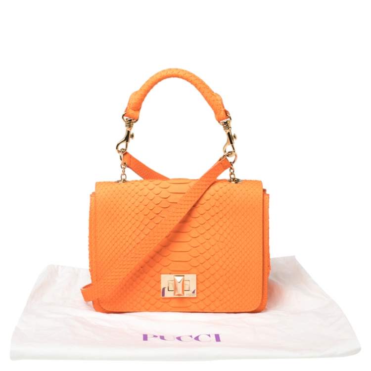 Pre Owned Emilio Pucci Neon Orange Python Marquise Top Handle Bag