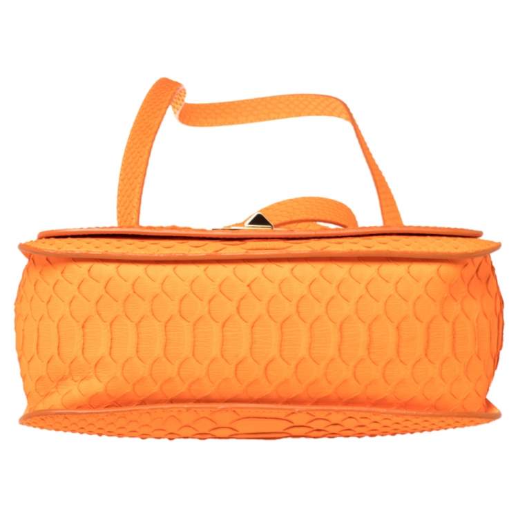 Pre Owned Emilio Pucci Neon Orange Python Marquise Top Handle Bag