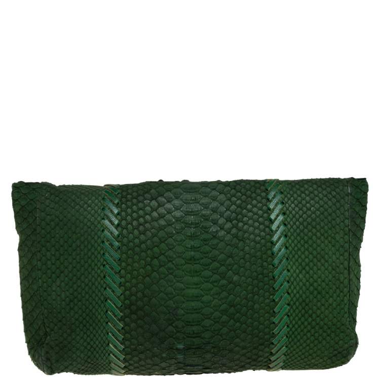 Pre Owned Emilio Pucci Green Python Fold Over Flap Clutch 