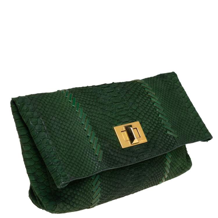 Pre Owned Emilio Pucci Green Python Fold Over Flap Clutch 