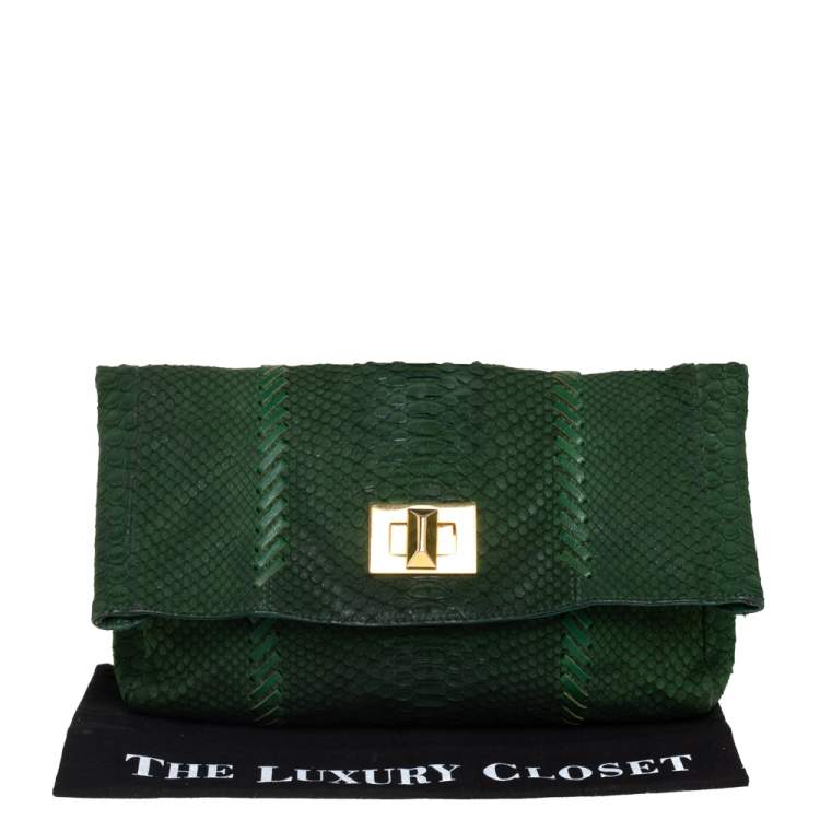 Pre Owned Emilio Pucci Green Python Fold Over Flap Clutch 