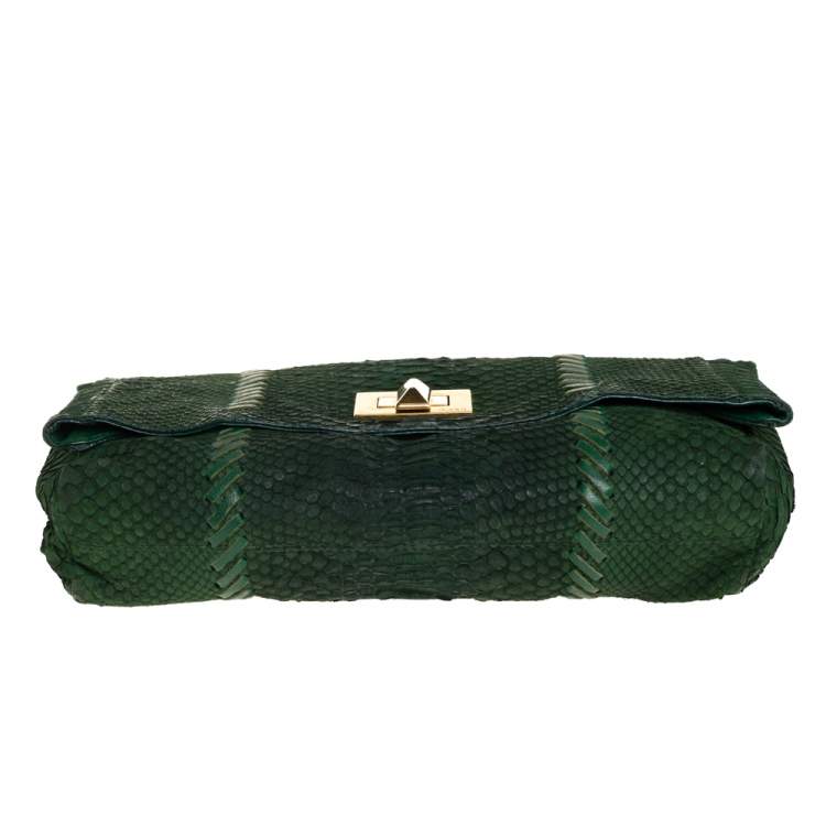 Pre Owned Emilio Pucci Green Python Fold Over Flap Clutch 