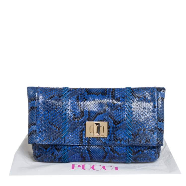 Pre Owned Emilio Pucci Blue Python Fold Over Flap Clutch 