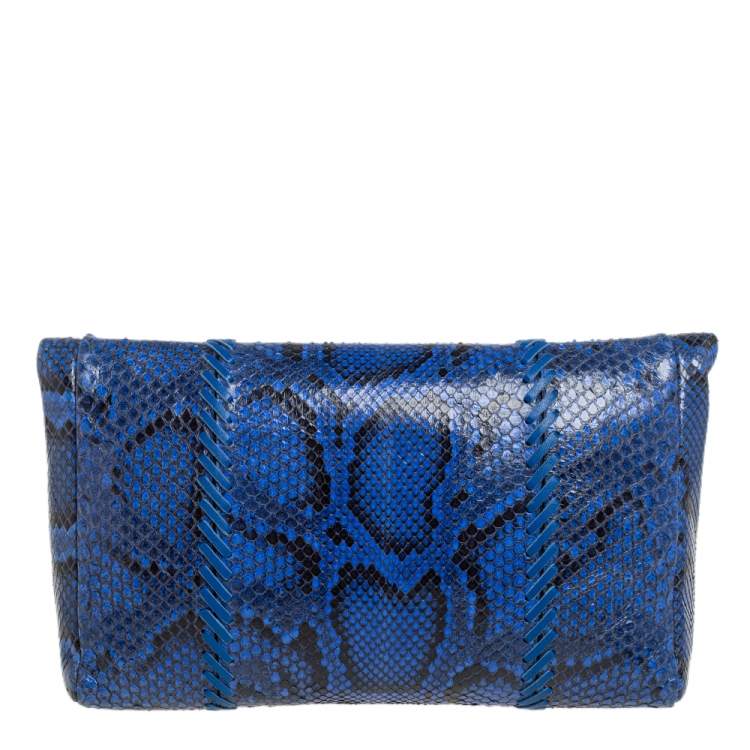 Pre Owned Emilio Pucci Blue Python Fold Over Flap Clutch 