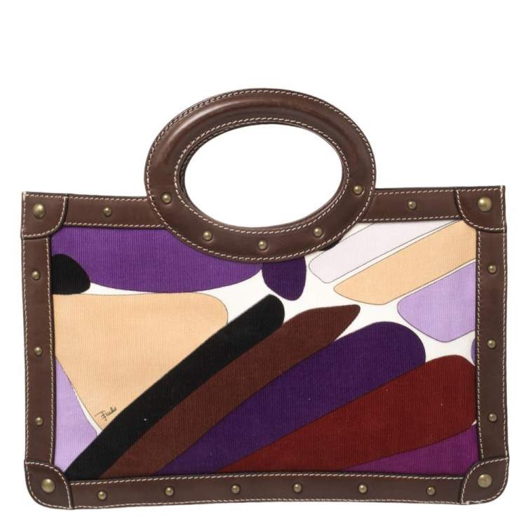 Pre Owned Emilio Pucci Multicolor Printed Corduroy and Leather Ring Handle Tote