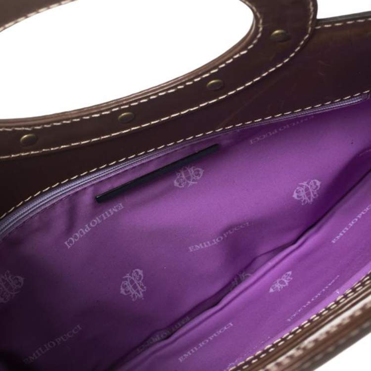 Pre Owned Emilio Pucci Multicolor Printed Corduroy and Leather Ring Handle Tote