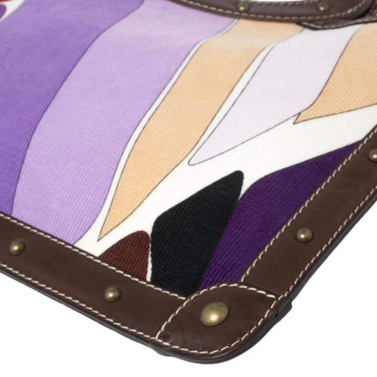 Pre Owned Emilio Pucci Multicolor Printed Corduroy and Leather Ring Handle Tote