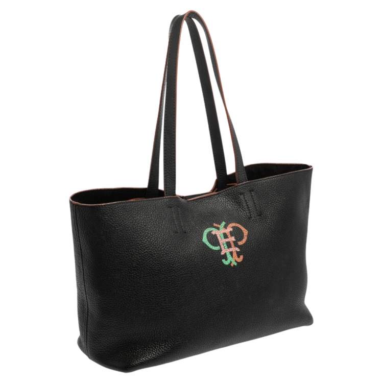 Pre Owned Emilio Pucci Black Grained Leather Printed Shopper Tote