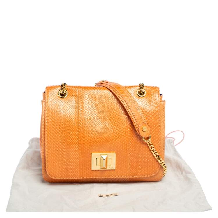 Pre Owned Emilio Pucci Orange Snakeskin Marquise Shoulder Bag