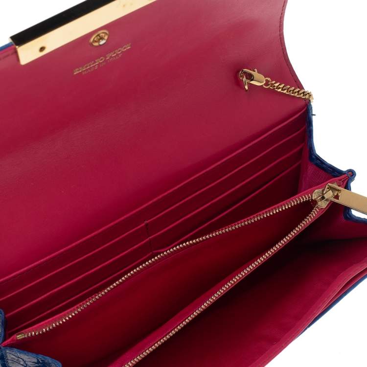 Pre Owned Emilio Pucci Blue Croc Embossed Leather Wallet on Chain