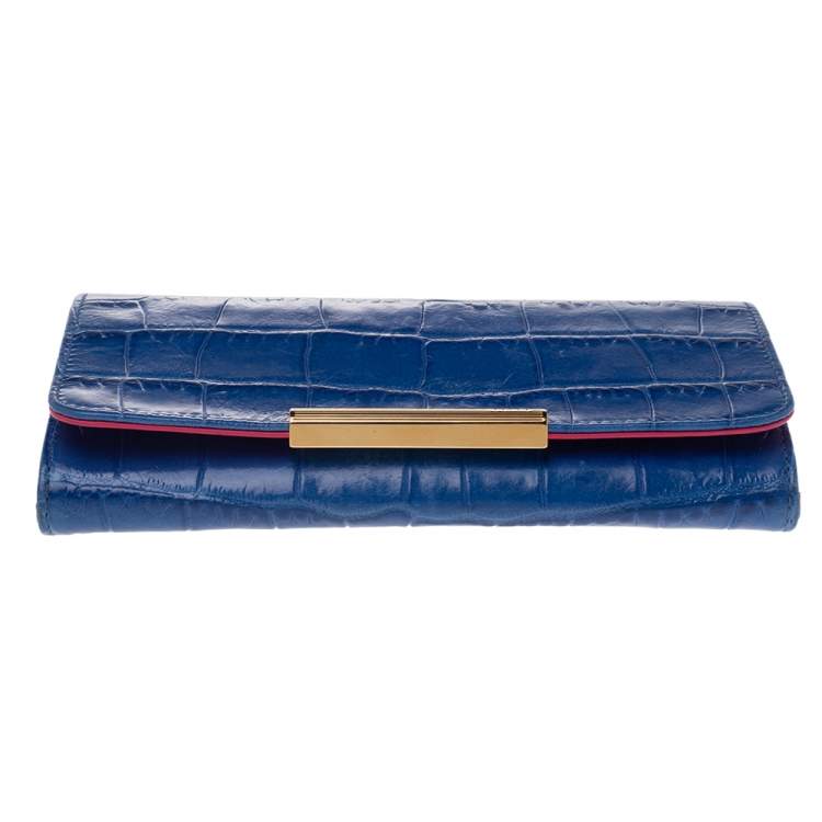 Pre Owned Emilio Pucci Blue Croc Embossed Leather Wallet on Chain