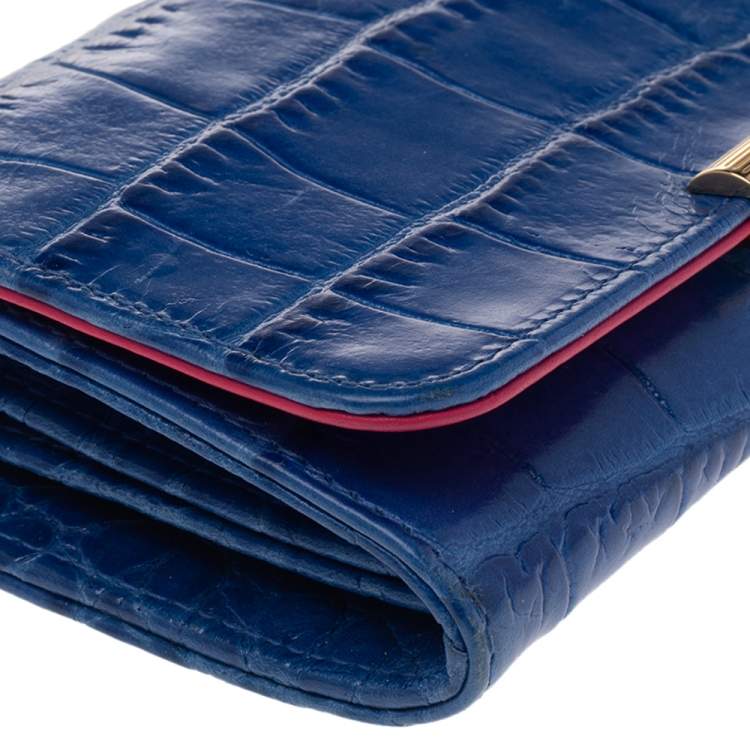 Pre Owned Emilio Pucci Blue Croc Embossed Leather Wallet on Chain
