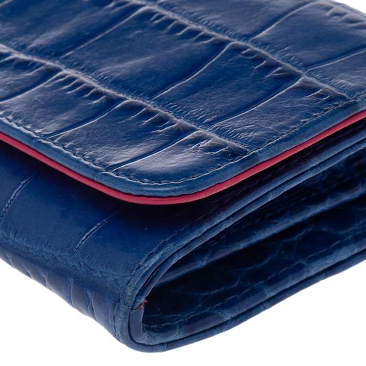 Pre Owned Emilio Pucci Blue Croc Embossed Leather Wallet on Chain