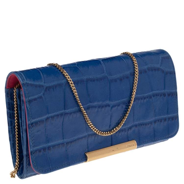 Pre Owned Emilio Pucci Blue Croc Embossed Leather Wallet on Chain