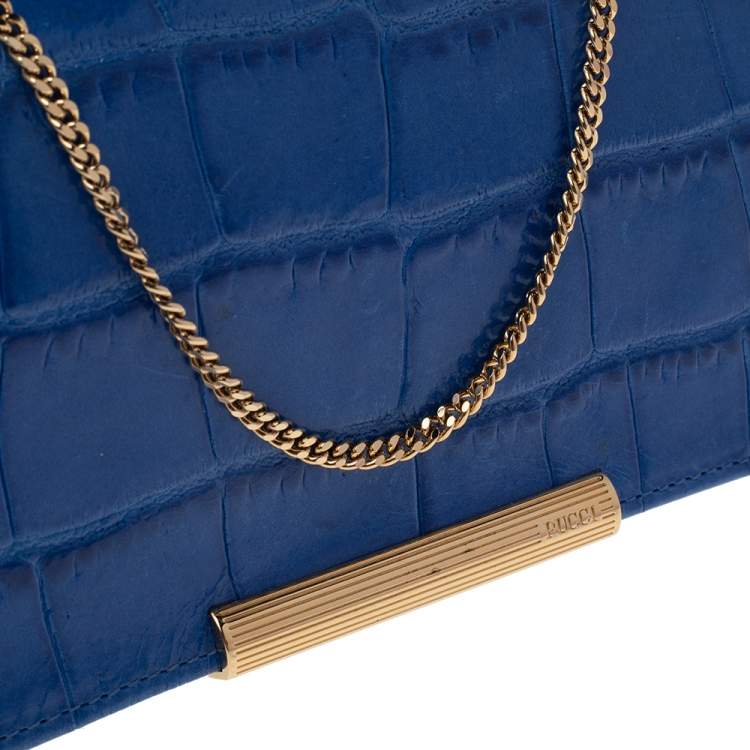 Pre Owned Emilio Pucci Blue Croc Embossed Leather Wallet on Chain