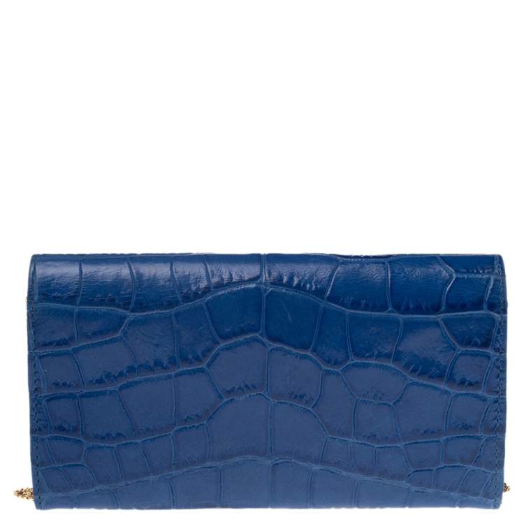 Pre Owned Emilio Pucci Blue Croc Embossed Leather Wallet on Chain